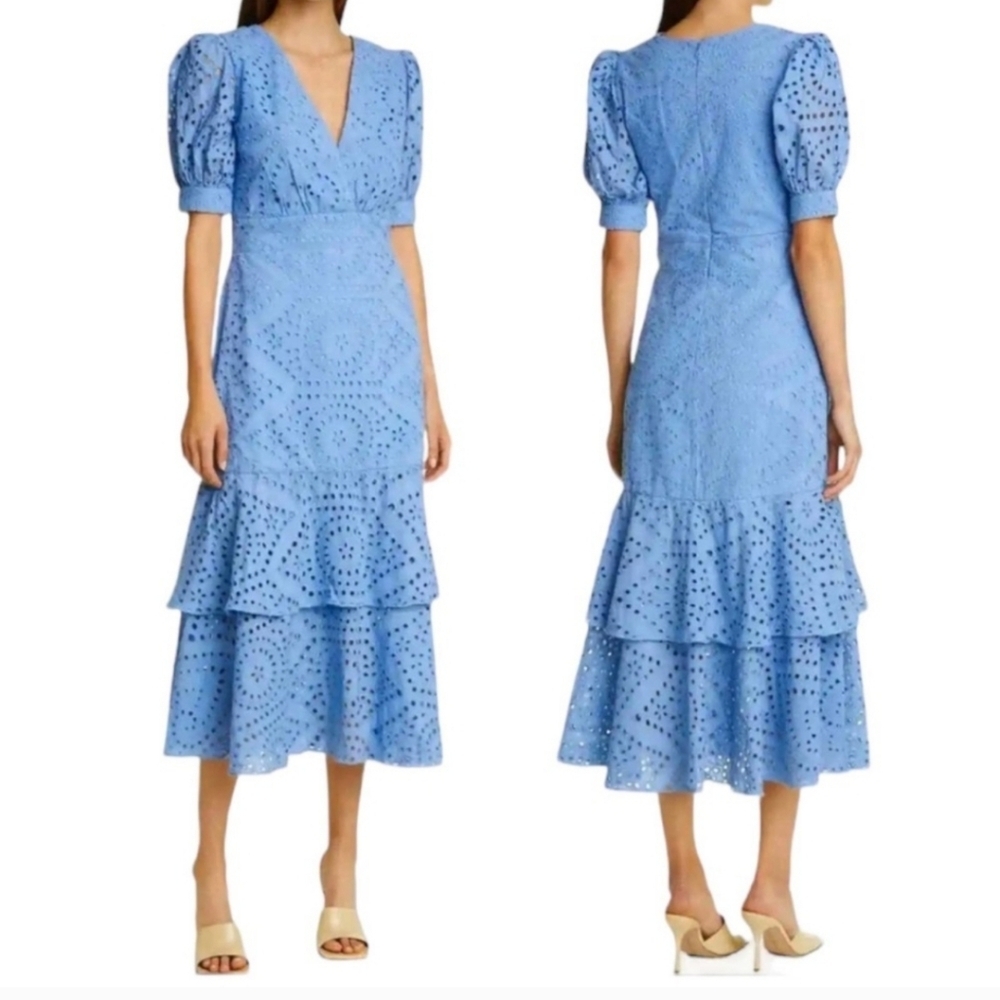 IORANE Laise LaceBlue Eyelet Tiered Ruffle Short Sleeve Midi Dress Size Small